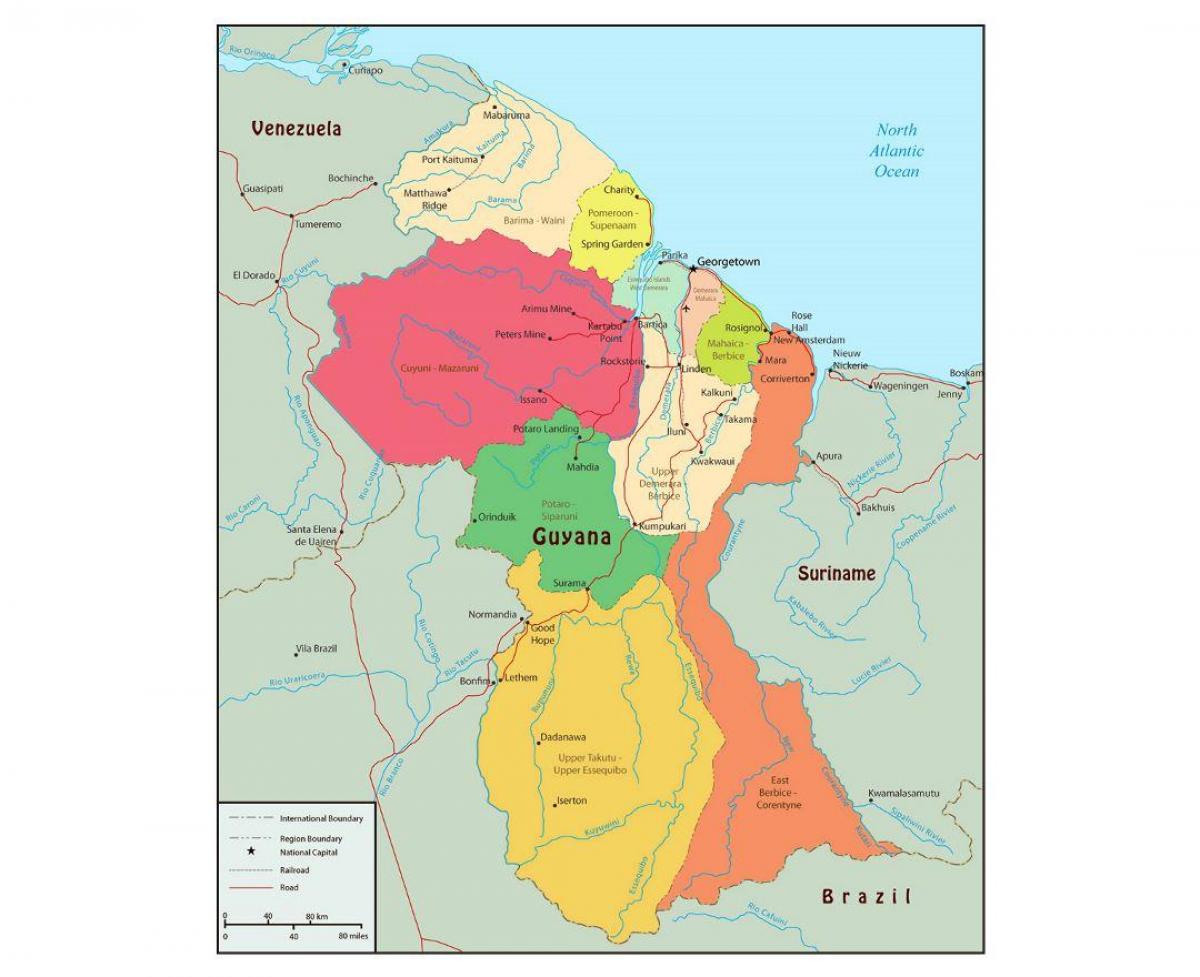 মানচিত্র গিয়ানা দেখাচ্ছে 10 প্রশাসনিক অঞ্চল